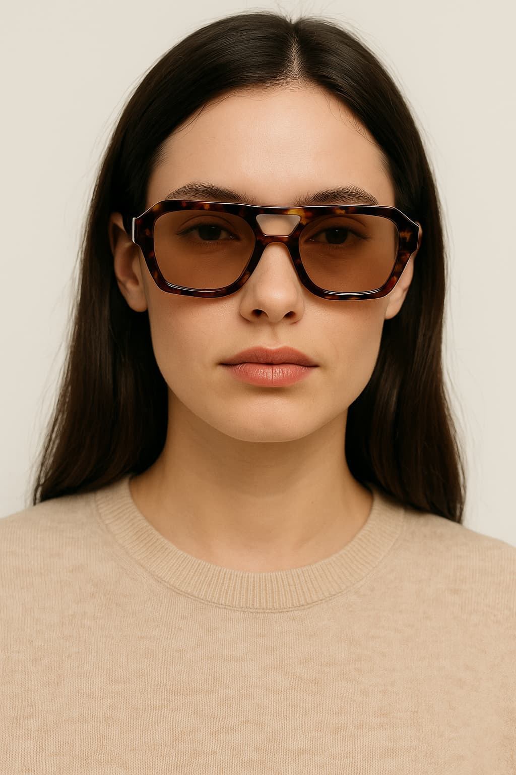 Modella donna indossa occhiali da sole Promise Roma modello Izar Tartarugato, lenti UV400 e montatura riciclata ecostenibile.